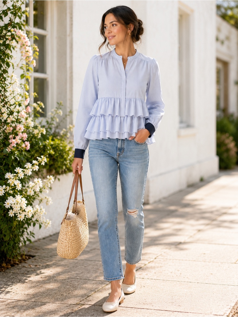 Chelsea28 Light Blue Striped Collar Blouse